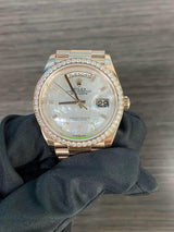 Rolex 128345RBR Day Date Mother of Pearl Diamond Bezel Baguette Dial 36MM