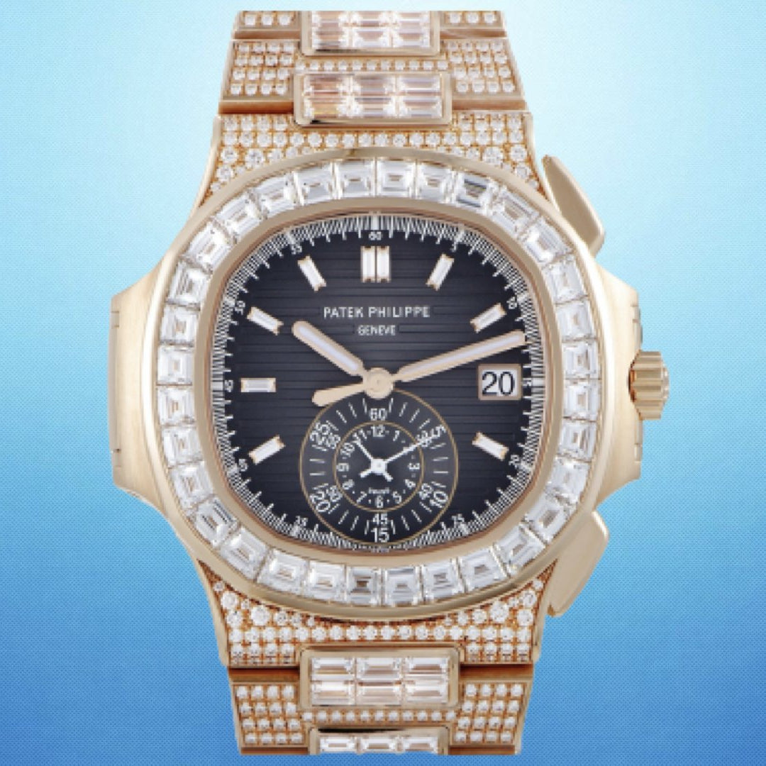 Patek philippe nautilus rose outlet gold iced out 5980