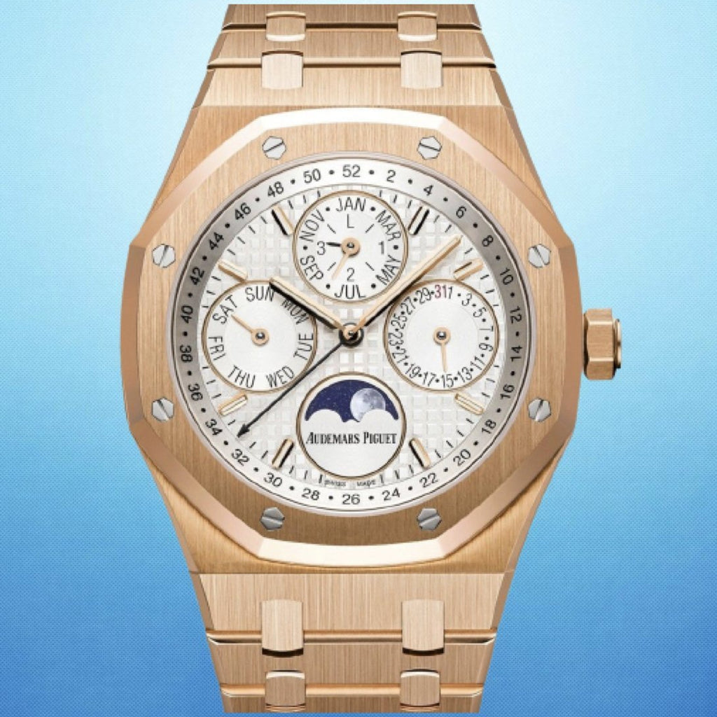 Audemars Piguet Royal Oak Perpetual Calendar Rose Gold Blue Dial Moonphase 26574OR.OO.1220OR.02 Box and Papers Mint Condition Preowned